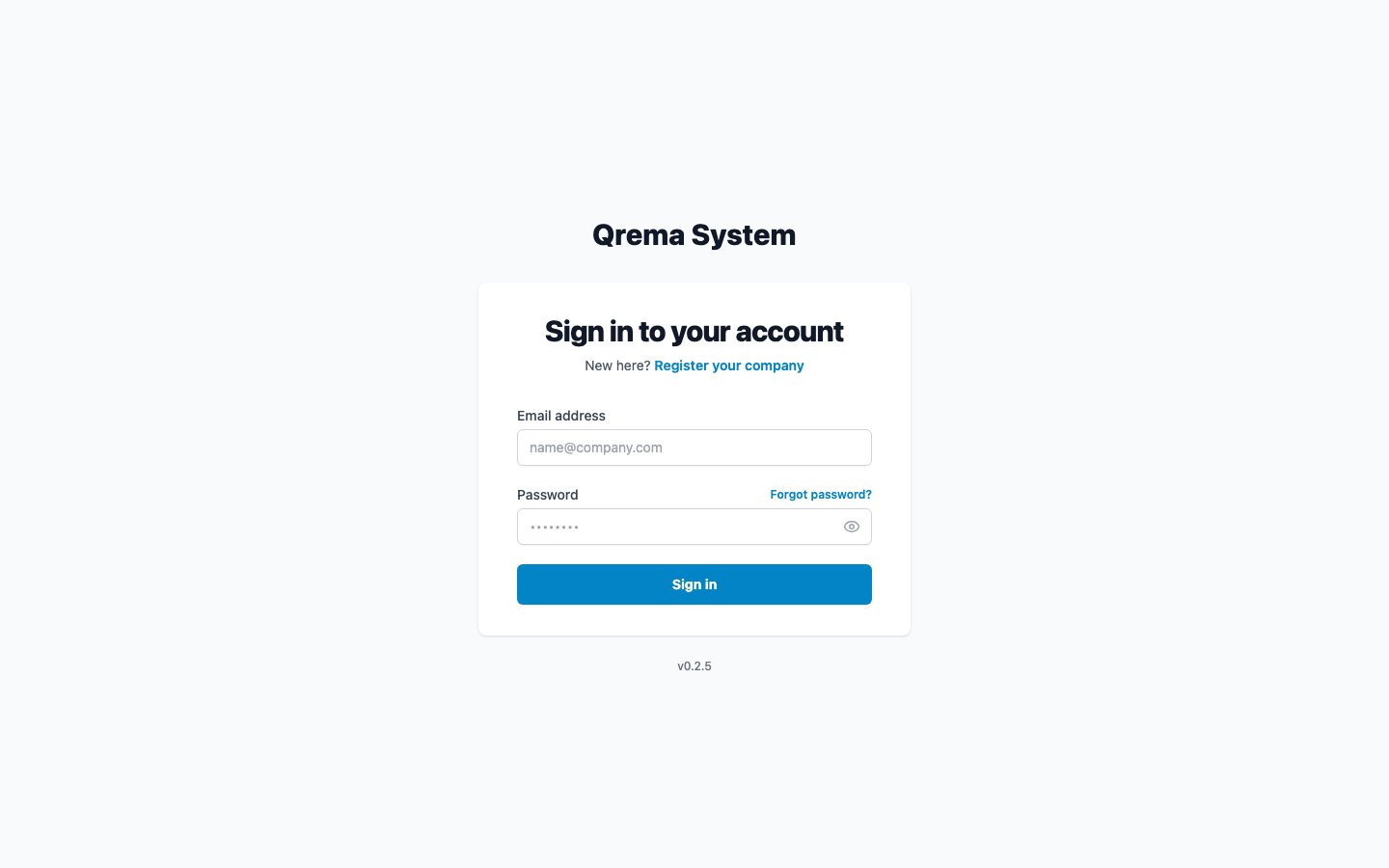 The Qrema login page -- enter your email and password to get started