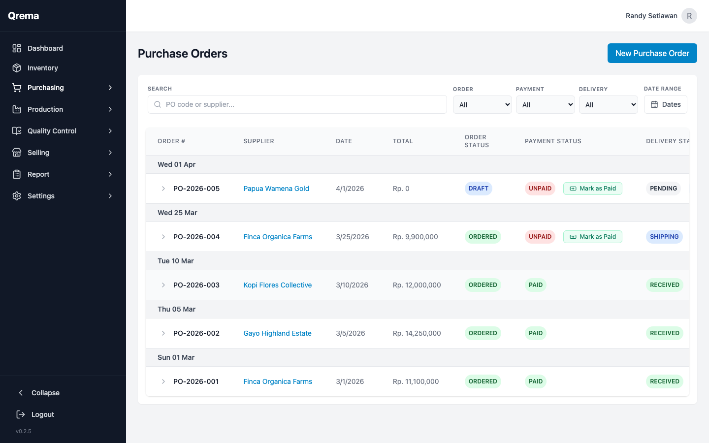 Purchase order list with status, supplier, and amounts