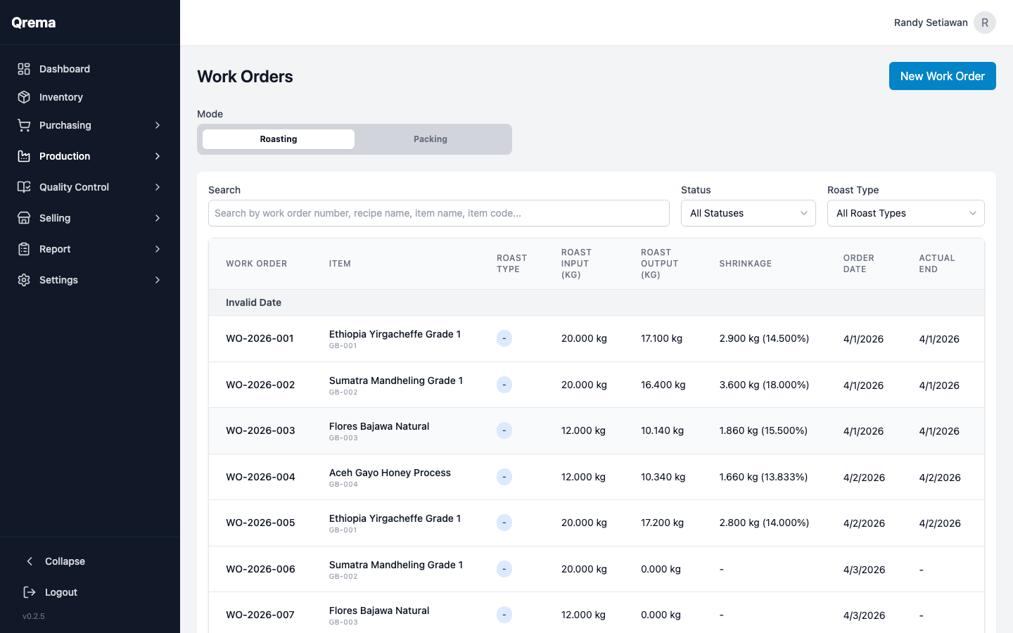 Work order list showing roast batches and their status