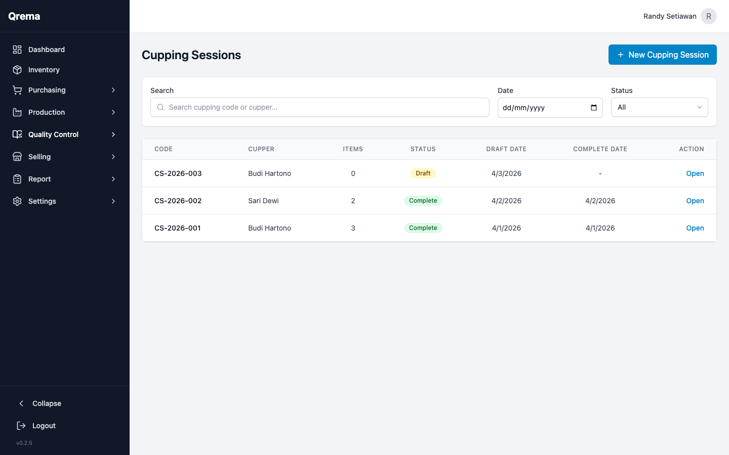 Cupping session list with scores and evaluation dates