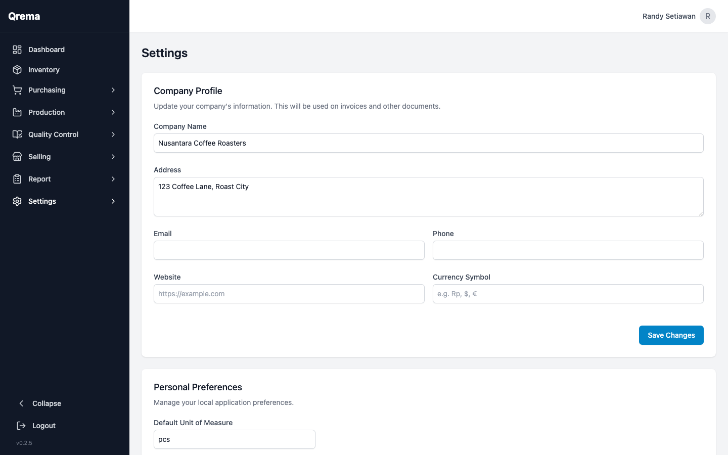 Settings page with general configuration options