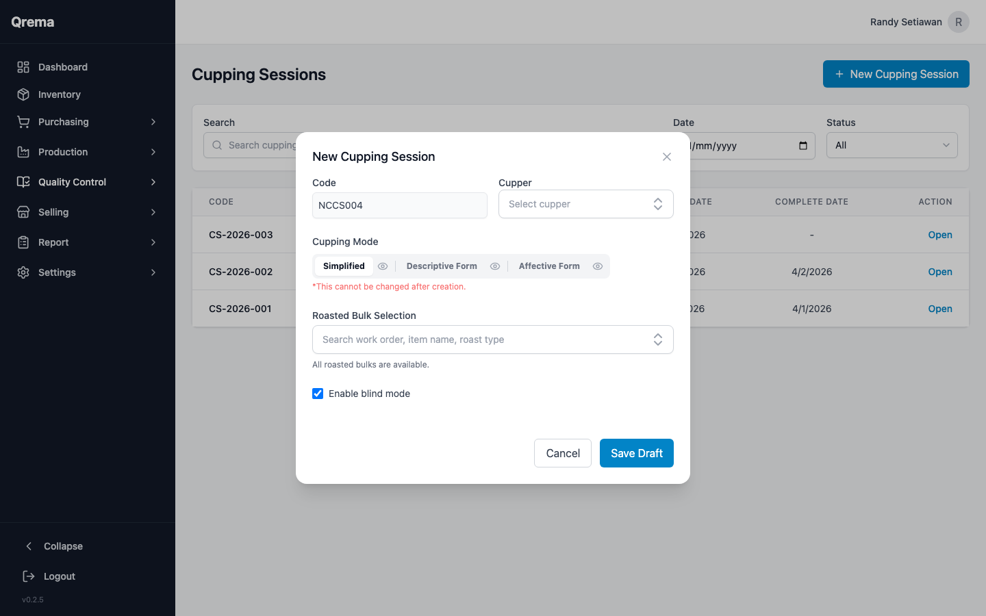 New cupping session create modal