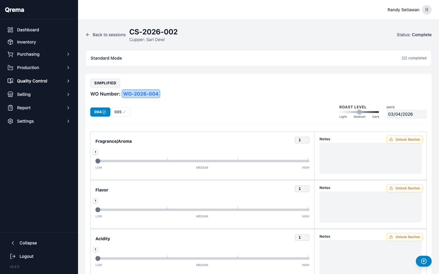 Cupping session scoring form with sliders and notes