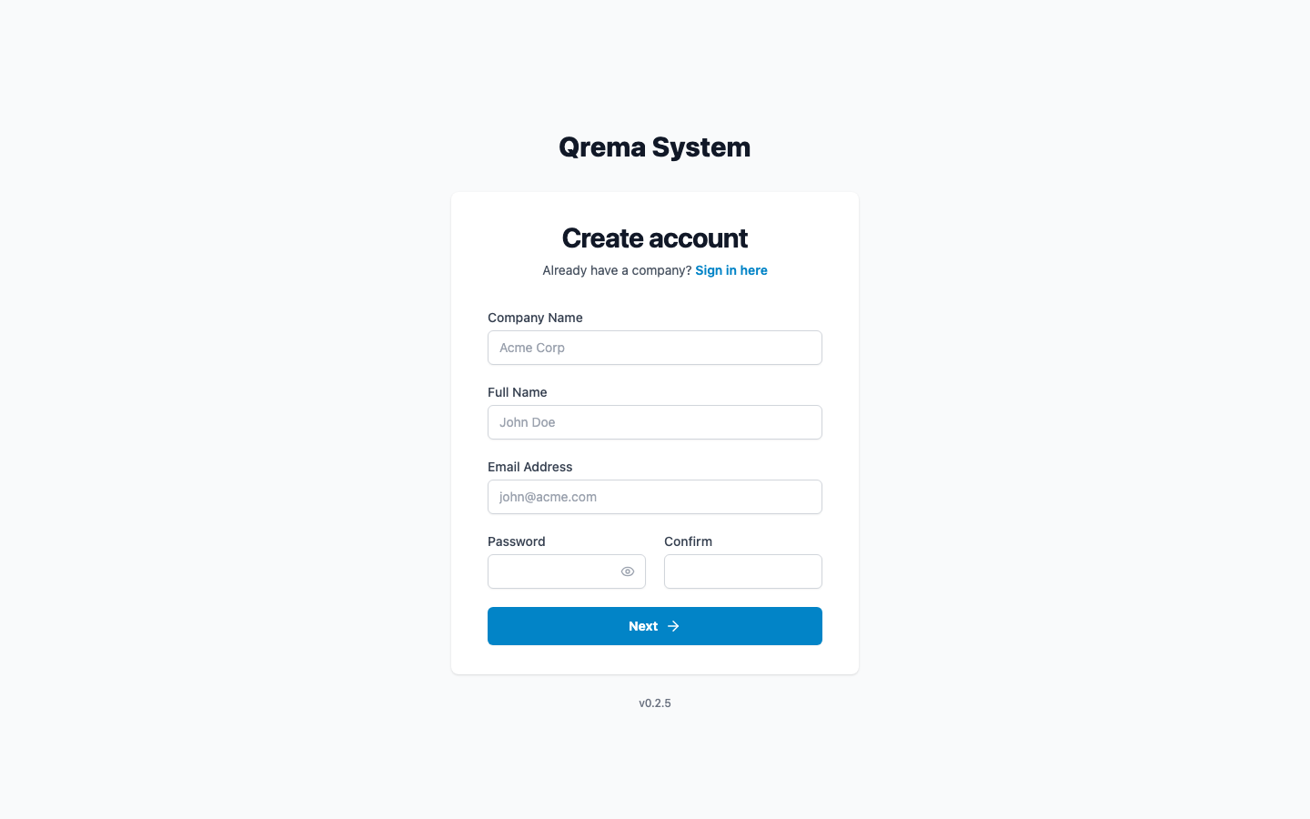Registration form with email, password, and company details
