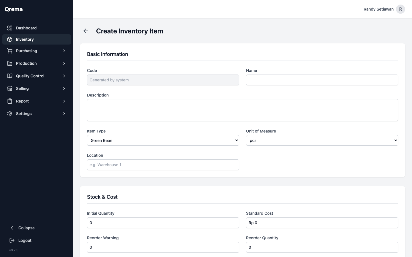 Create inventory item form with all fields