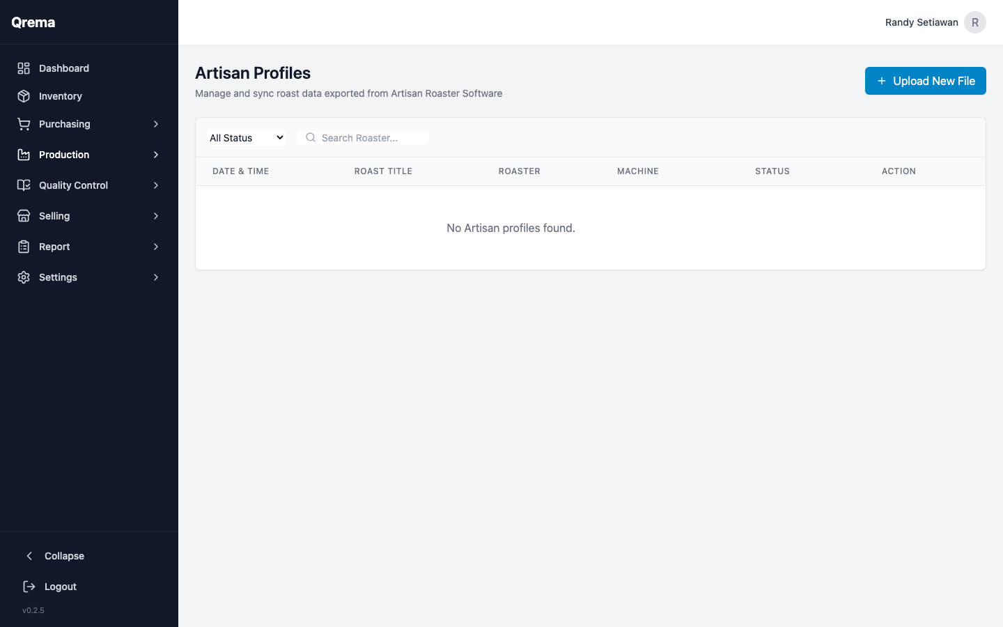 Artisan Sync page showing imported roast profiles