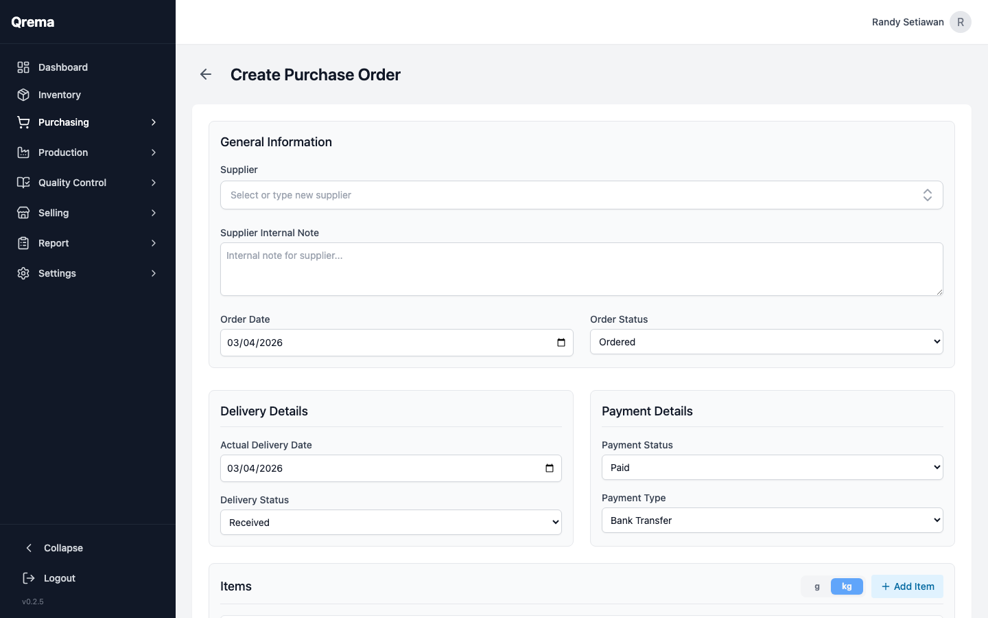 Create purchase order form