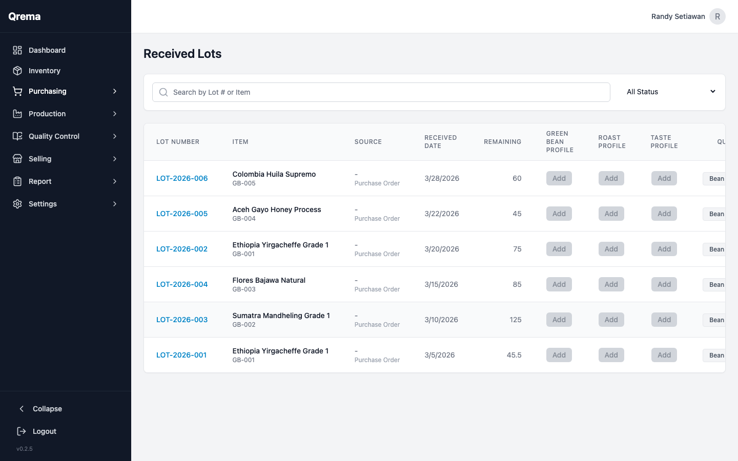 Lot list showing origin, quantity, and receiving date