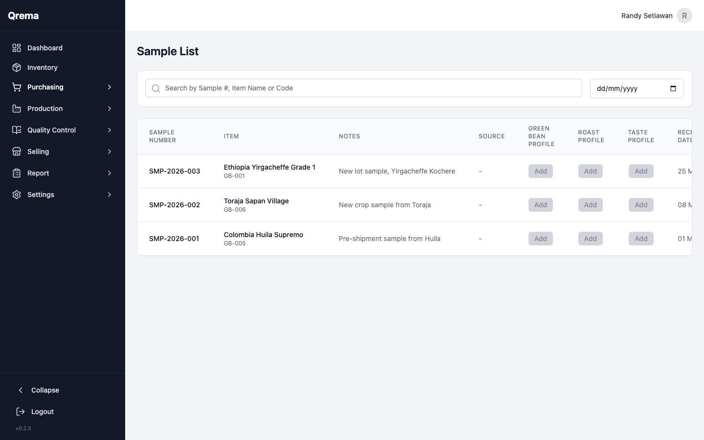 Sample list with evaluation status