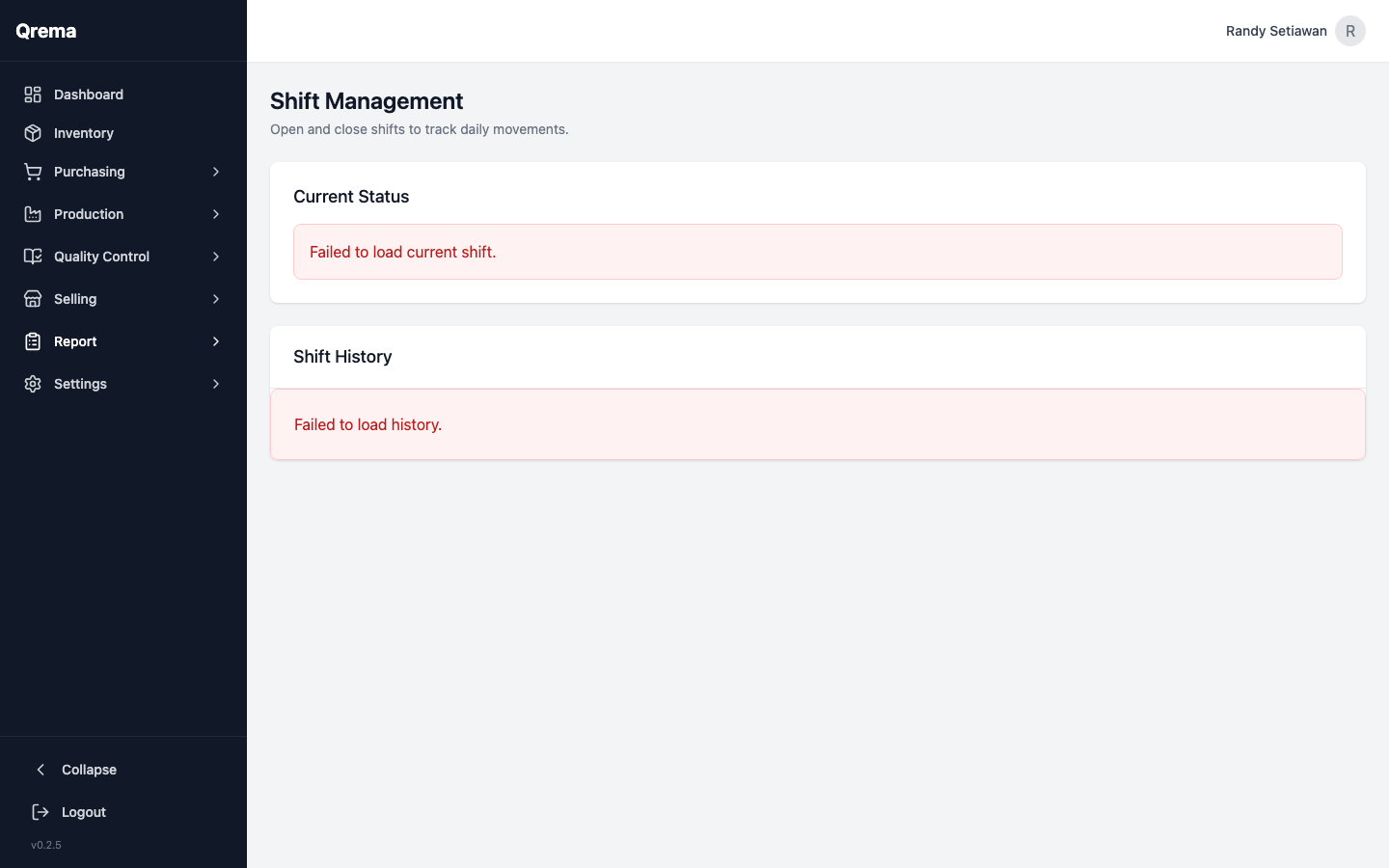 Shift report showing daily open/close data
