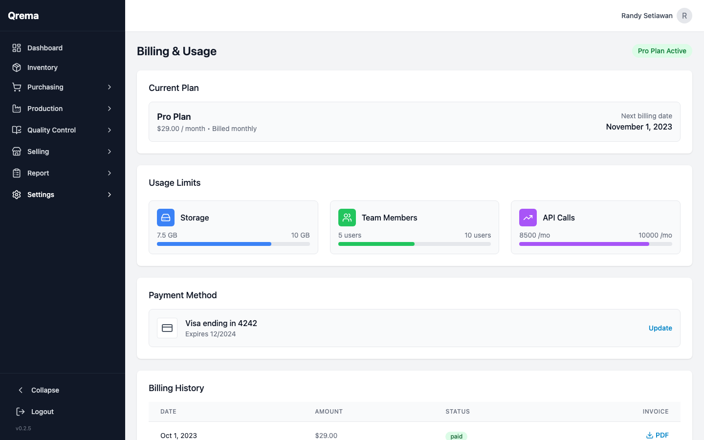 Billing settings with plan details and usage metrics