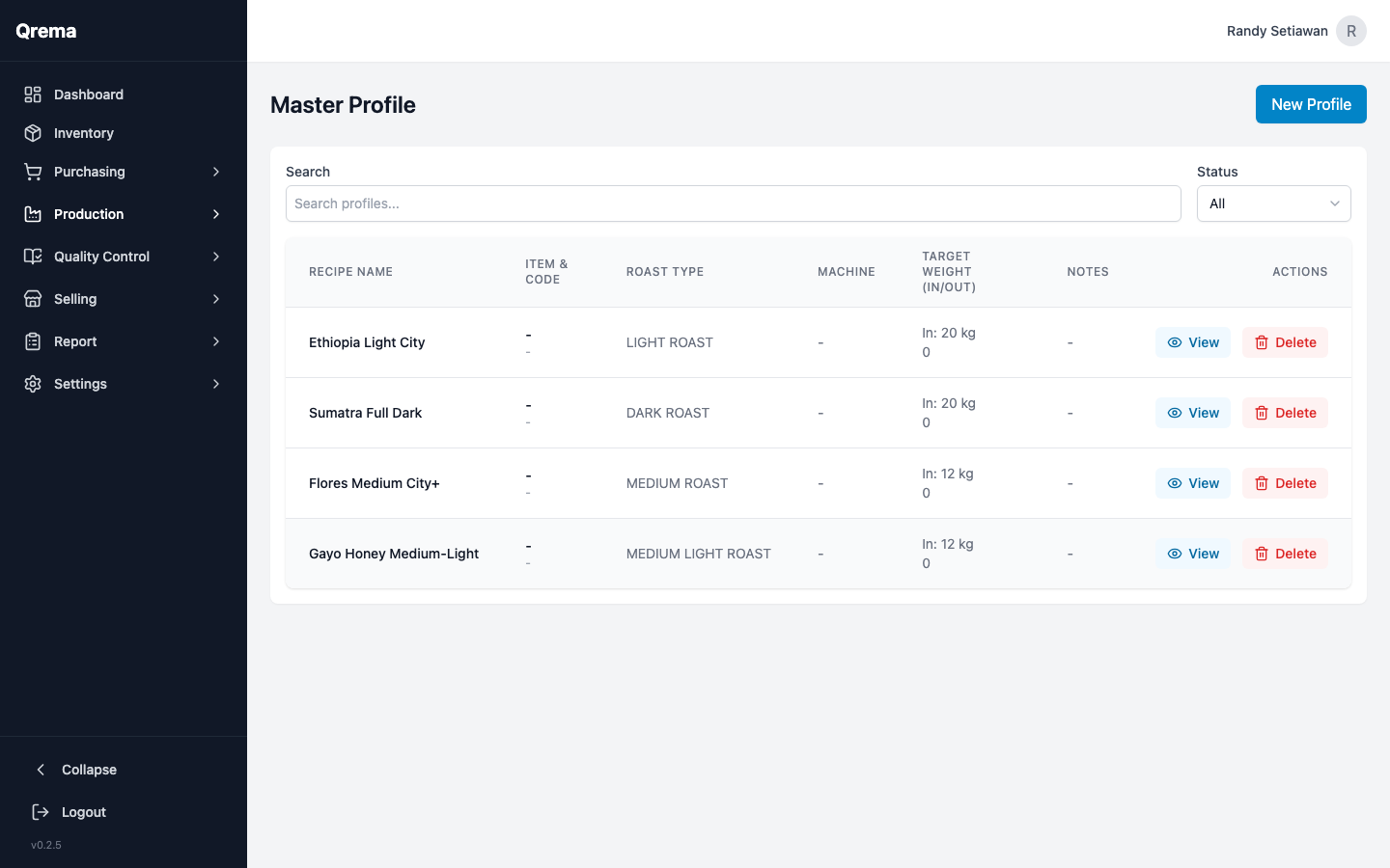 Daftar master profile dengan parameter sangrai